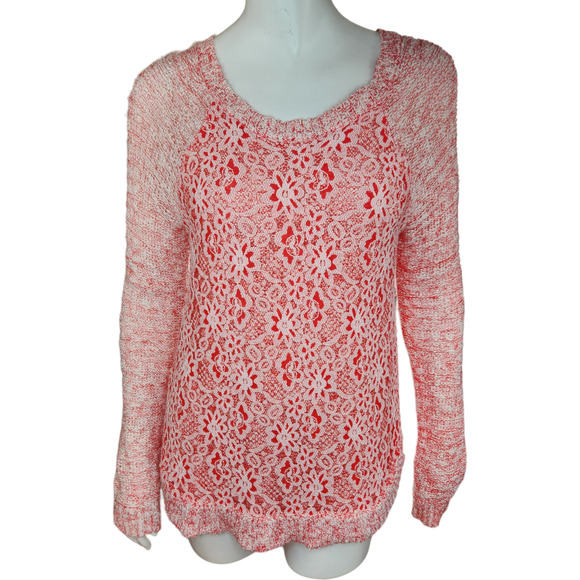 Cloud Chaser Size Large Pink White Open Knit Floral Lace Long Sleeve Sweater - Picture 1 of 13